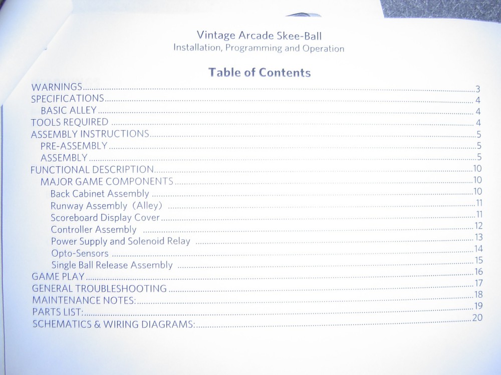 Vintage Arcade Skee Ball Installation, Programming and Operation Manual