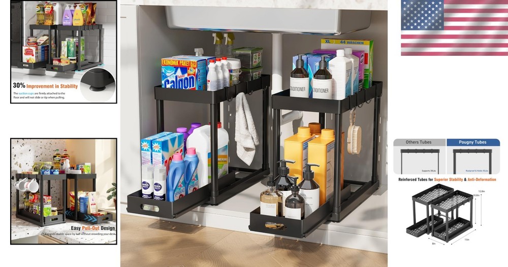 Space-Optimizing 2-Pack Under Sink Organizers with Smooth Dual-Pull Design
