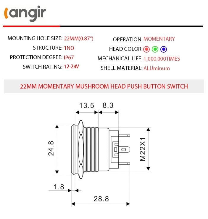 15Amp momentary Push Button Switch，(0.866") 12V-24V Push Button Switch 22mm Red