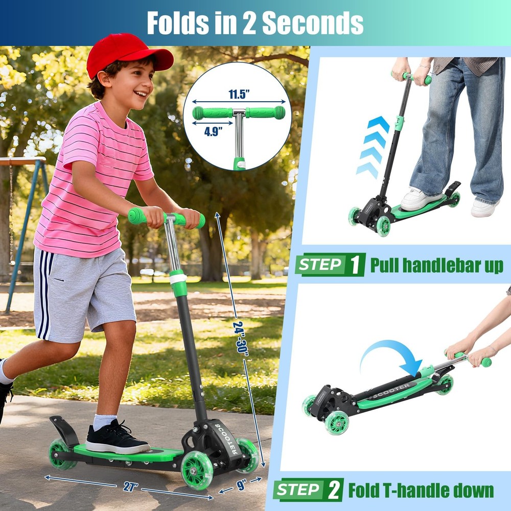 Foldable Kids Kick Scooter with Auto-Glowing Wheels & 3-Height Adjustment – Lean