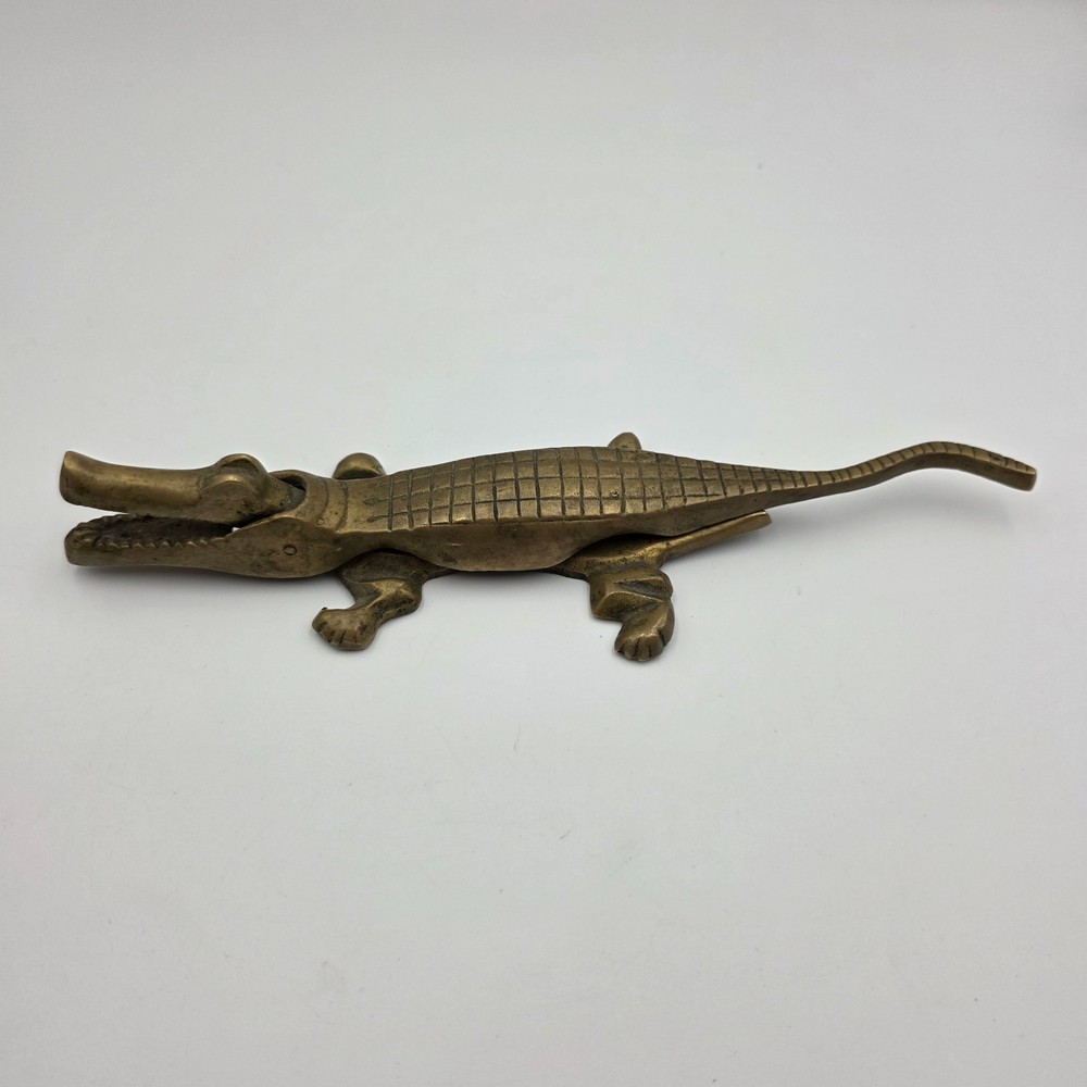 Vintage Solid Brass Alligator Crocodile Nutcracker MCM Figurine 10"