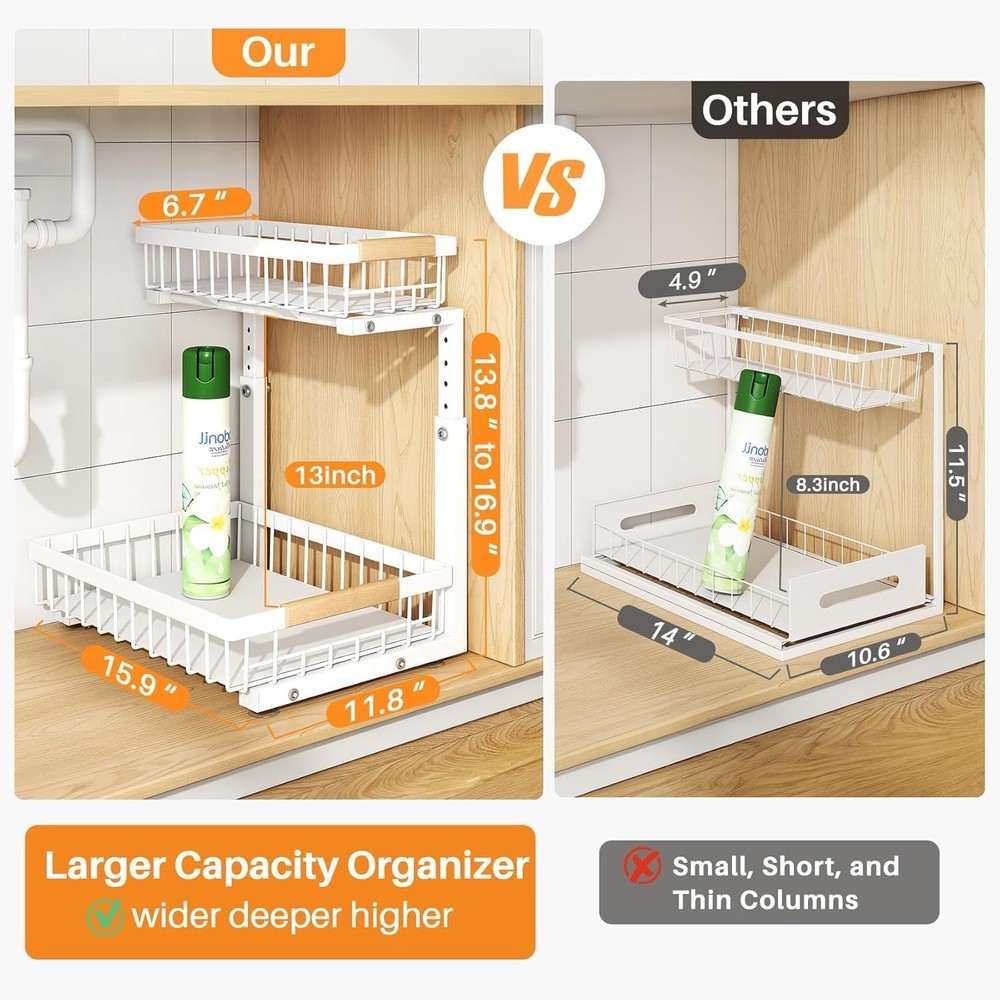 Under Sink Organizer Adjustable Height 2 Tier Pull Out Under Organizer Cabinet