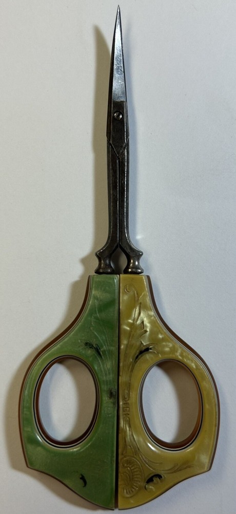 Green & Yellow Celluloid Handle Sewing Scissors, 5” Vintage