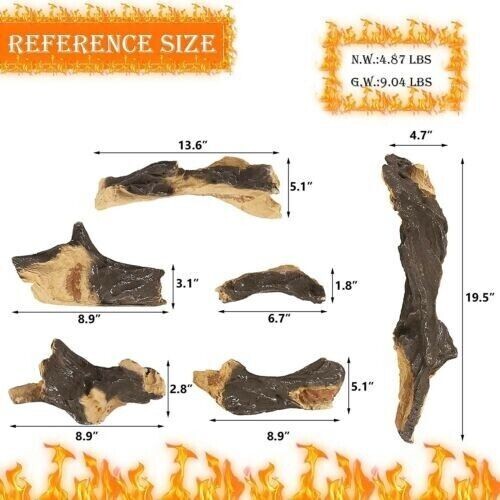 6 Piece Ceramic Logs Set for Gas Fireplace Fire Pit
