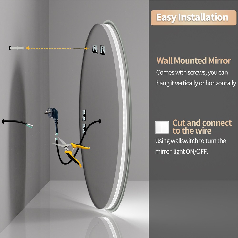 Modern Oval LED Bathroom Mirror Frontlit&Backlit AntiFog Dimmable Vanity Makeup