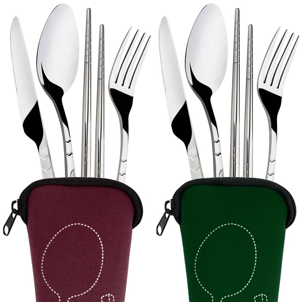 8 PCS Flatware Set, Case, Stainless Steel, Knife, Fork, Spoon, Stick