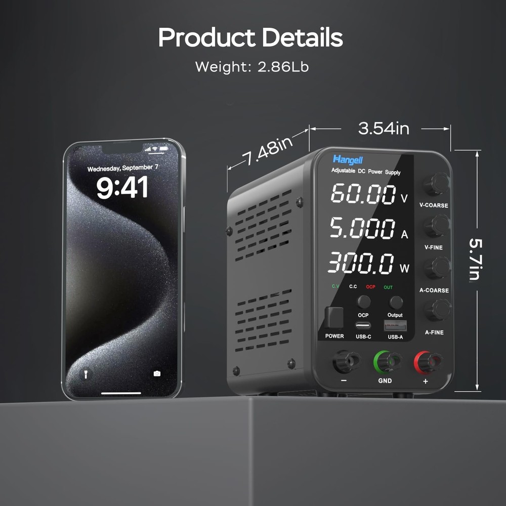 DC Power Supply Variable, 60V 5A Bench Power Supply with Encoder Coarse & Fin...