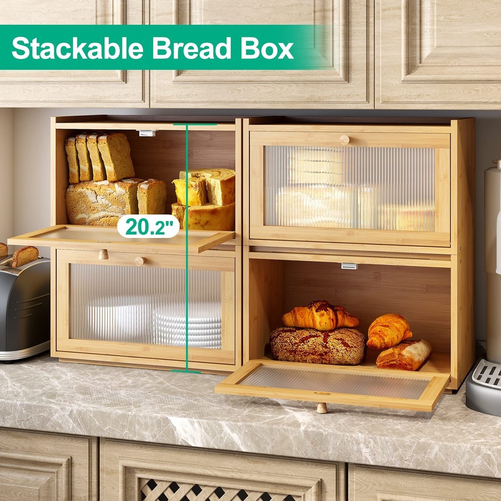 Large Bread Box for Kitchen Counter, Bamboo Bread Storage Container with Wavy...