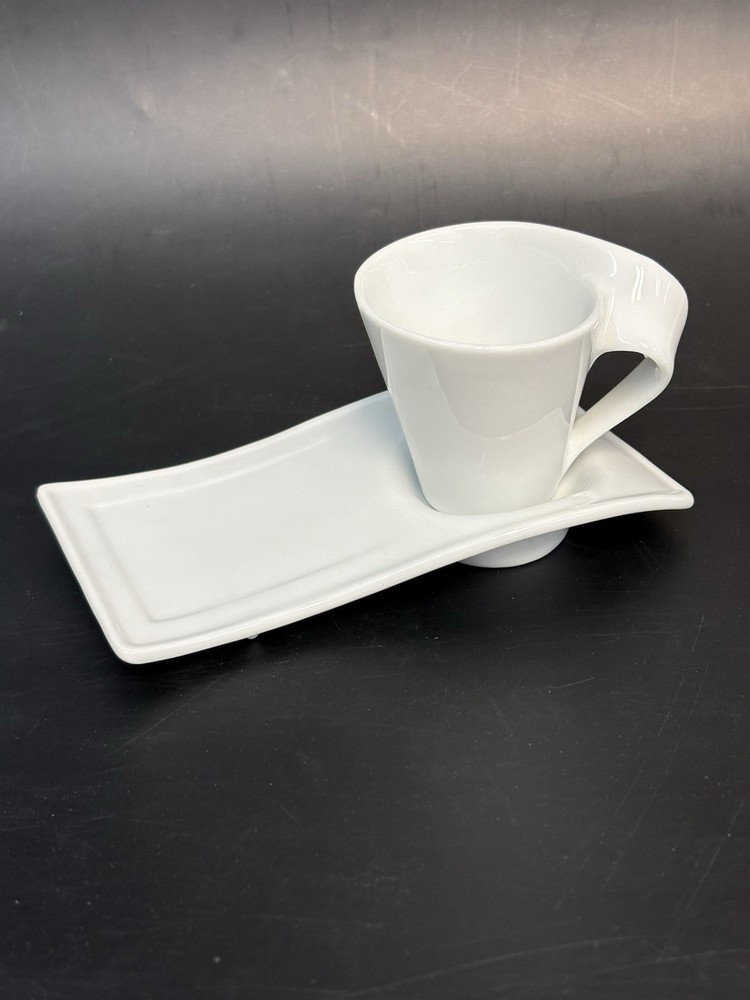 White Porcelain Espresso Coffee Cup with Rectangular Wave Saucer Unique Handle