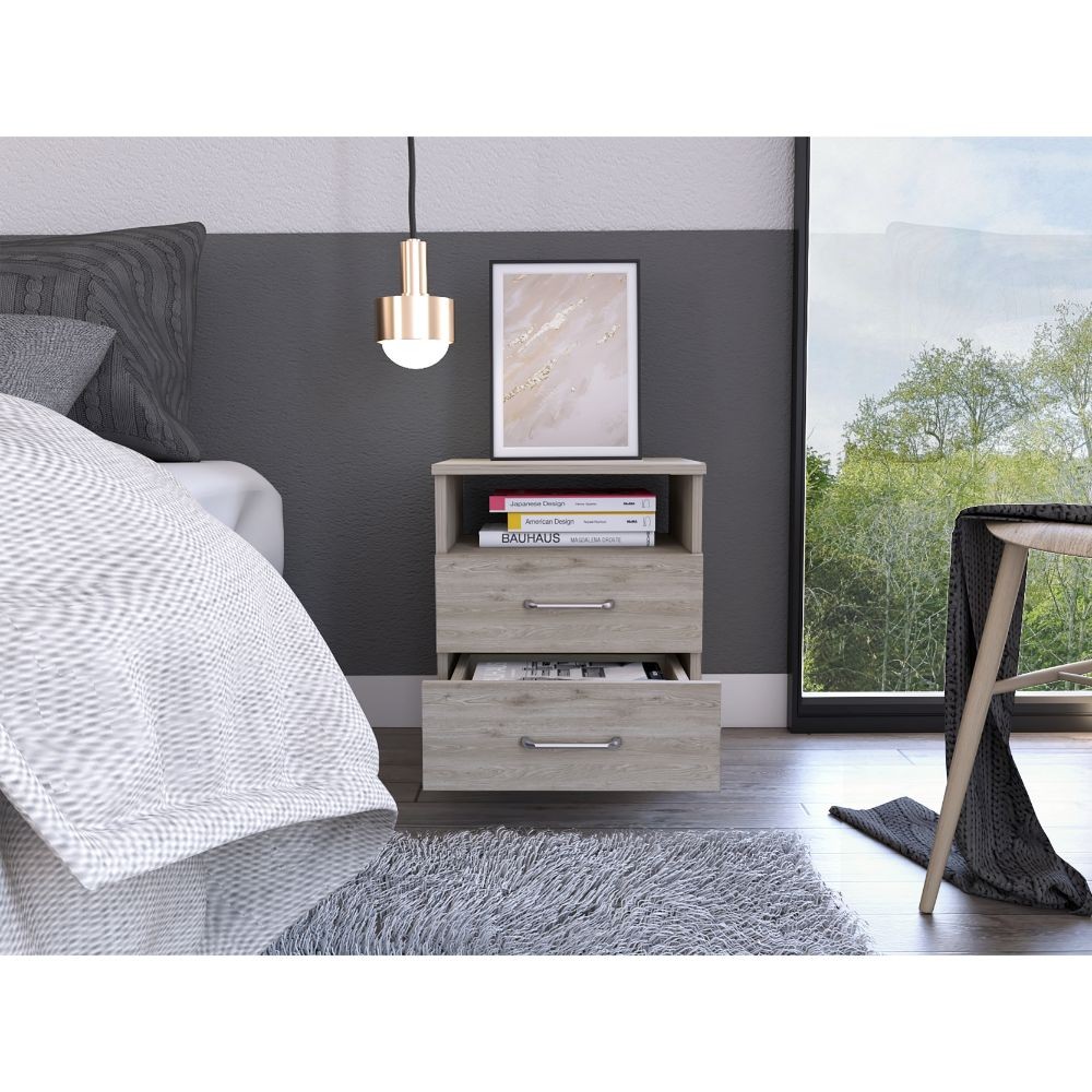2-Drawer 1-Shelf Rectangle Nightstand Light Grey