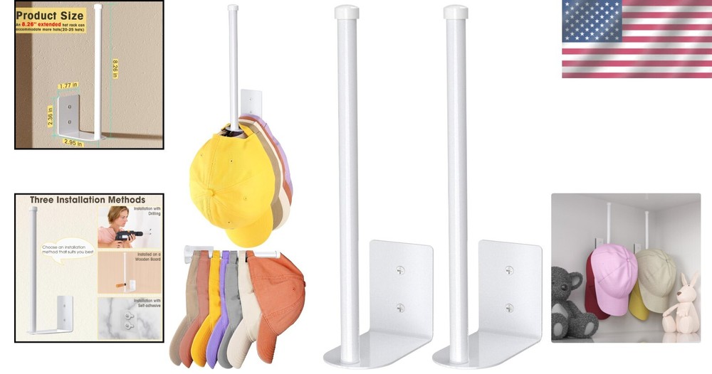 Space-Saving 2 Pack White Hat Racks - Strong Adhesive and Wall Drilled Options