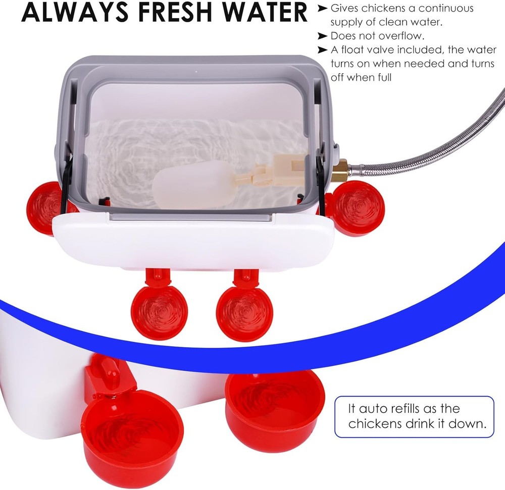 Automatic Chicken Waterer with Float Valve Kit Hose Attachment and 4 Poultry ...