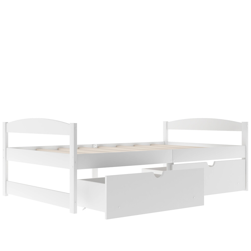 Twin Size Platform Bed Two Drawers White Solid Wood Frame Simple Single-layer