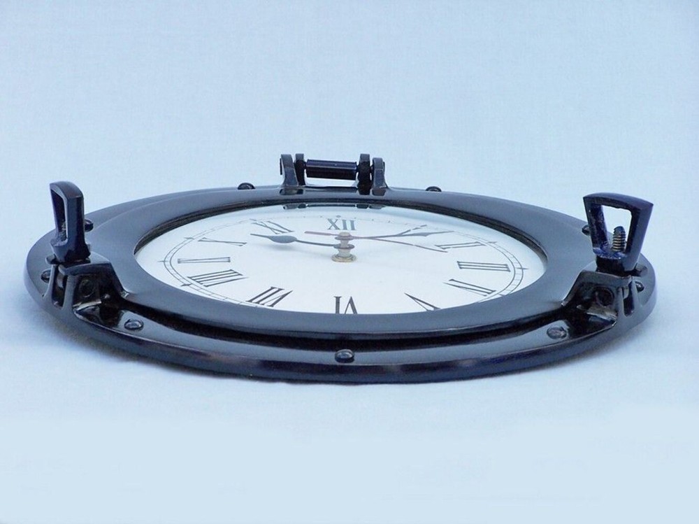 Brass Deluxe Class Porthole Clock 12" - Dark Blue