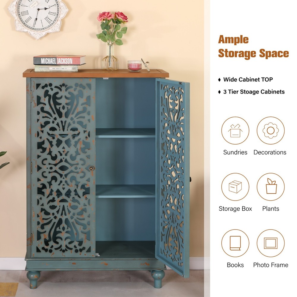 PHI VILLA 47.4" Tall Accent Distressed Cabinet Storage 2 Doors Handmade Rustic