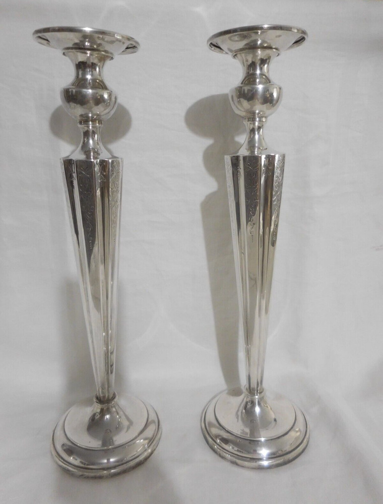 IMPRESSIVE PAIR STERLING SILVER CANDLESTICKS 15" ENGRAVED & FLUTED NO MONOGRAM
