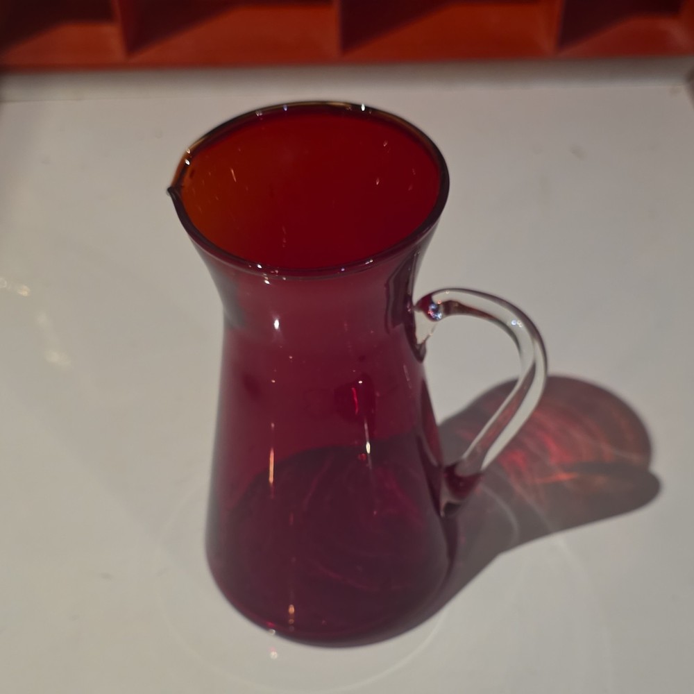 Red Hand Blown Ruby Glass Pitcher with Clear Handle, Glossy Finish, Round