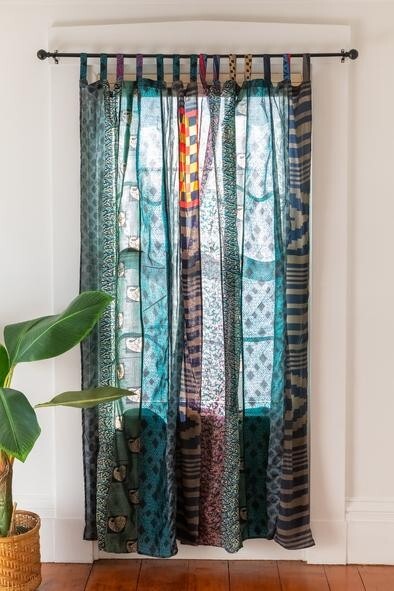 Indian Vintage Sari Patchwork Curtain Drape Window Boho Decor Silk Blue Curtain