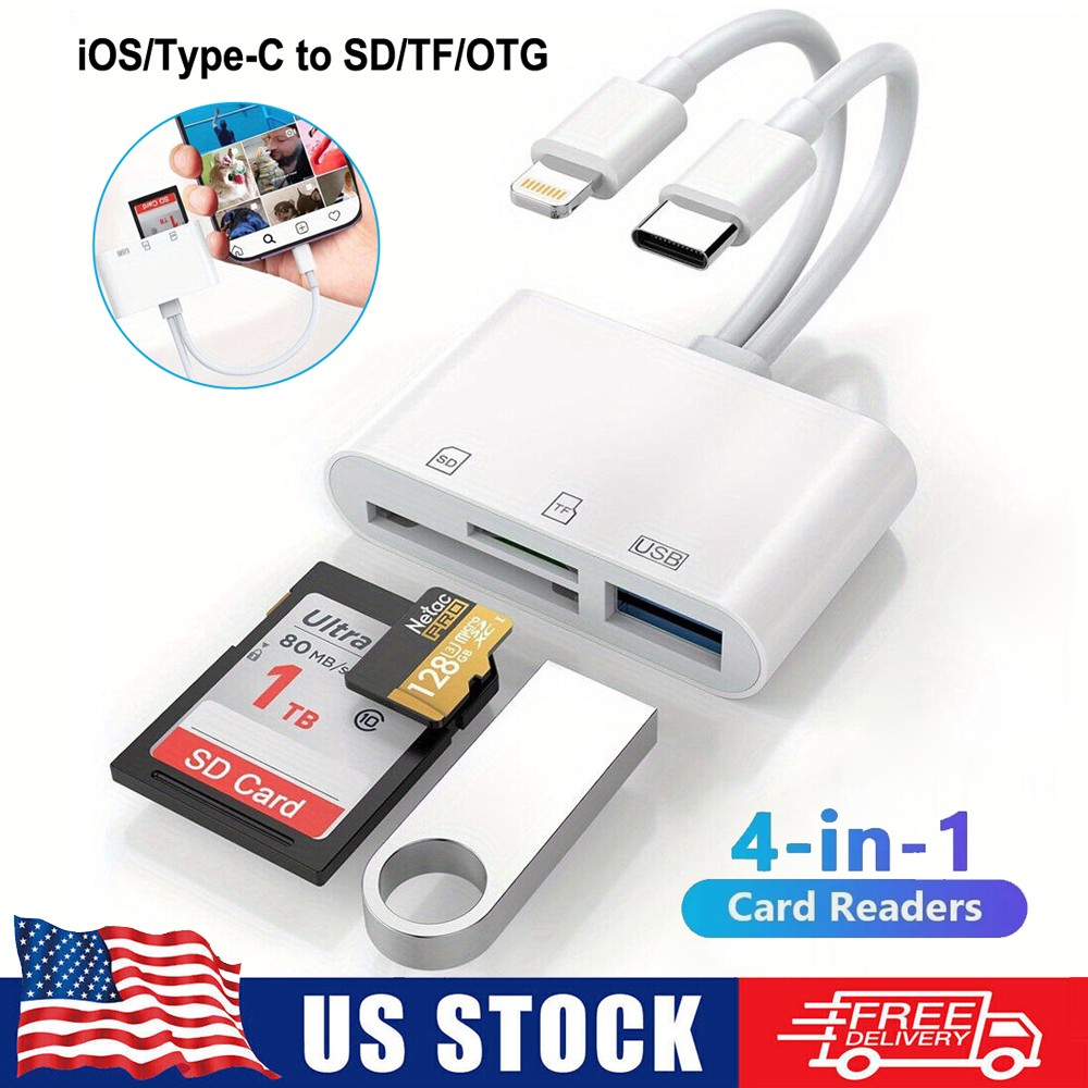 4 in 1 IOS 13/Type C USB OTG Adapter SD/TF Card Reader For iPhone/Android Phone