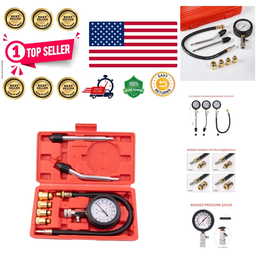 Durable 8PC Engine Cylinder Compression Tester | Accurate Pressure Gauge Set