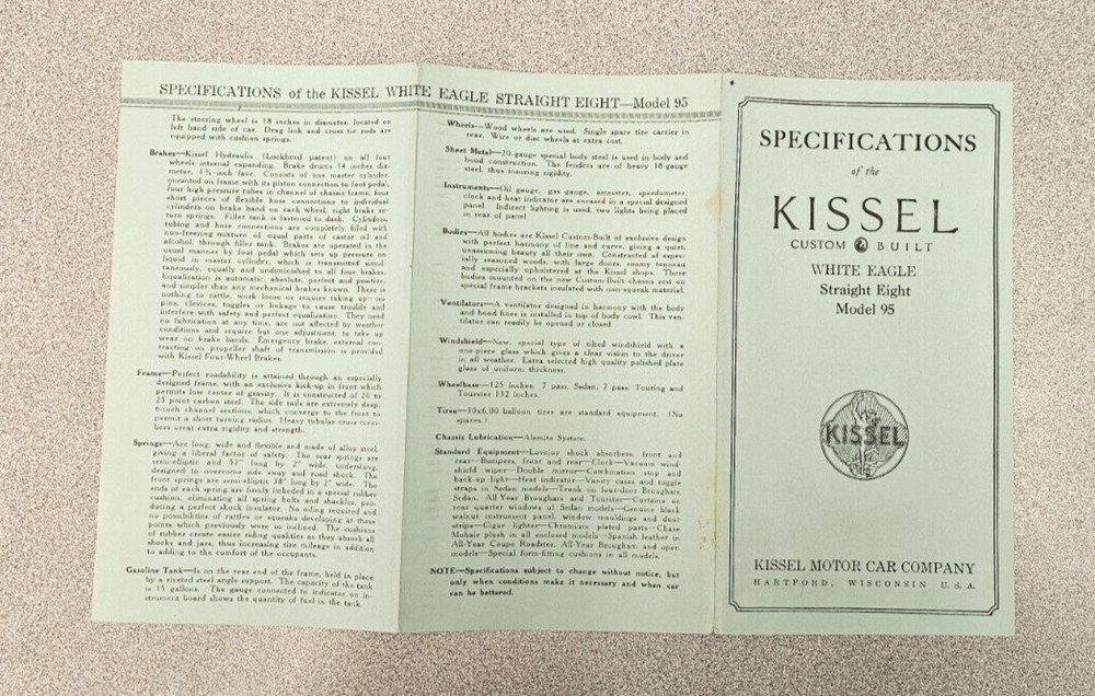 1929 Kissel Specification Folder, Straight Eight Model 95