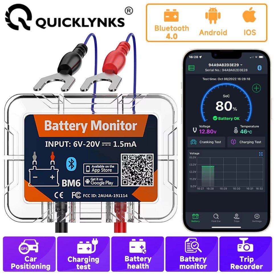 QUICKLYNKS 12V Mobile Portable Car Battery Tester Bluetooth For IOS Android Tool