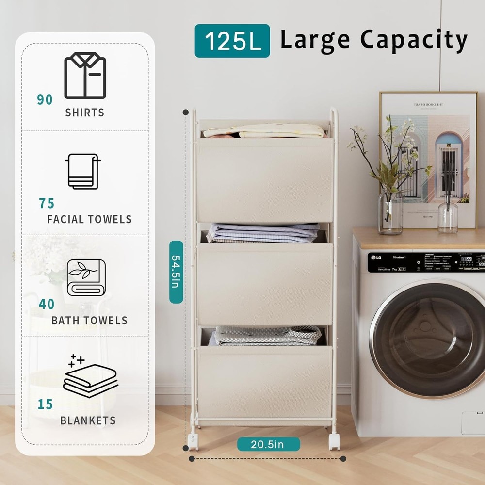 125L Vertical Laundry Hamper W/ Wheels 3 Section Large Rolling Laundry Sorter W/