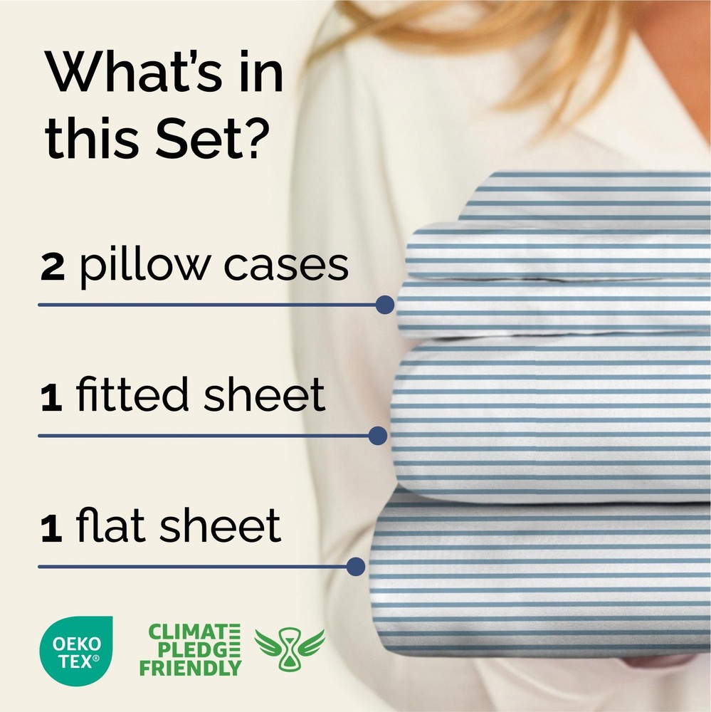 Striped Sheets - Blue & White Striped Sheets - 1 Flat & 1 Fitted & 2 Pillowca...