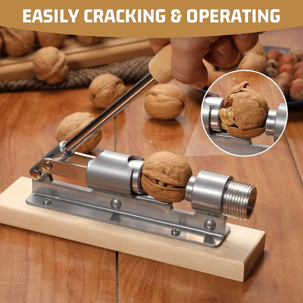Heavy Duty Pecan Nut Cracker Tool with 4 Picks, Wood Base & Handle