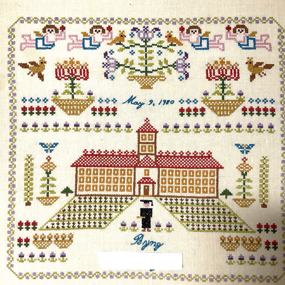Vtg Completed Framed Counted Cross Stitch Graduation Scene 18x18 Excellent Work