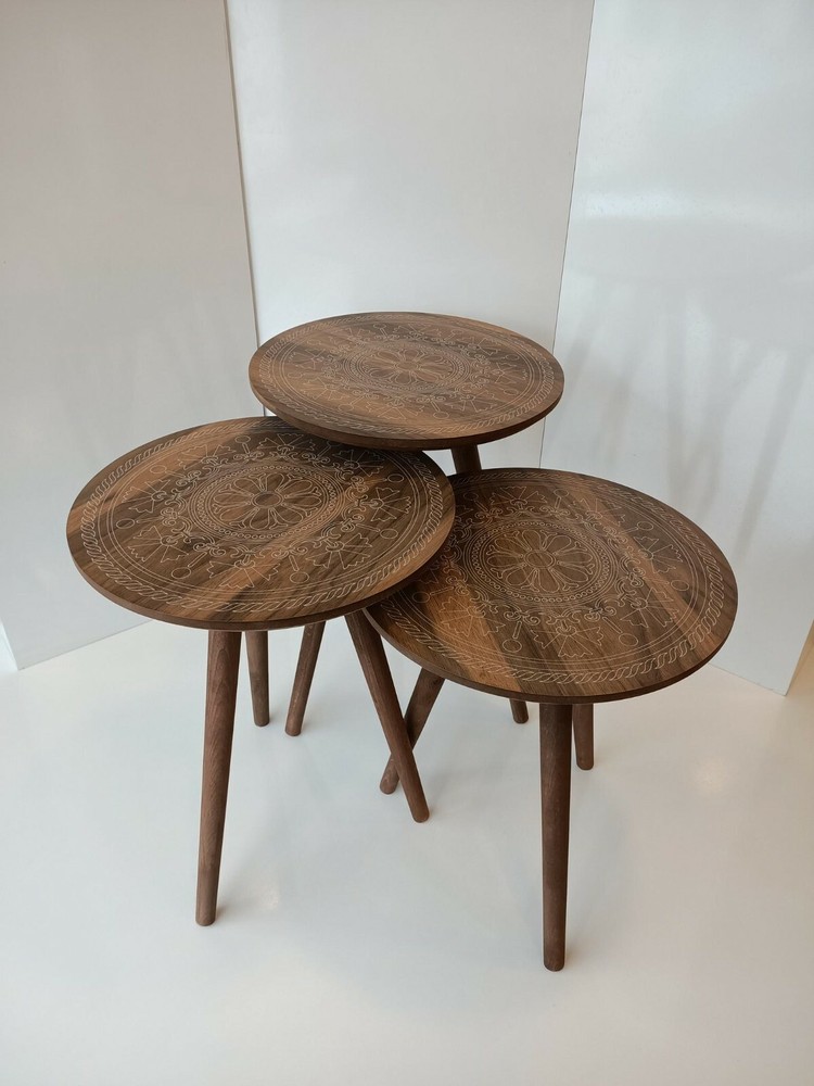 Modern ROUND COFFEE TABLE, With Laser Engraving, Walnut Wooden Nesting