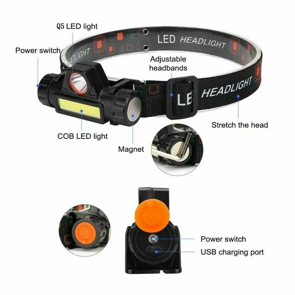 1/2Pack LED Headlamp Headlight Flashlight USB Rechargeable Waterproof Head Light