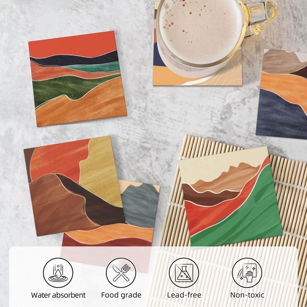 Absorbent Ceramic Coasters for Drinks with Cork Base Art Coasters Set of 6 - ...