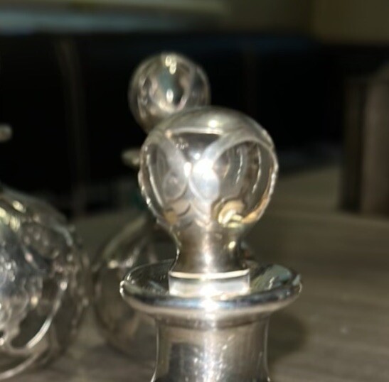 Circa 1905 elegant .999 fine solid silver lined aroma bottle set made by leading