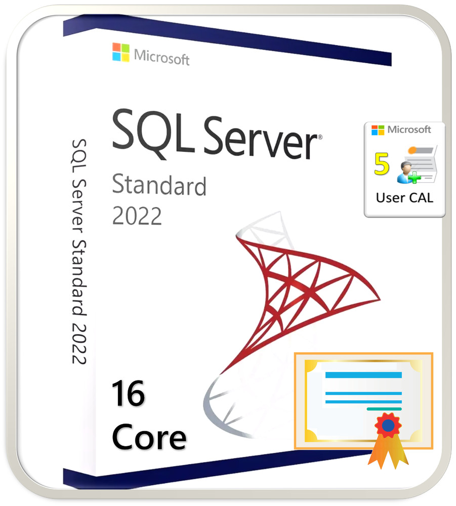 Microsoft SQL Server 2022 Standard - 16 Core License - DVD and COA w/ 5 User CAL