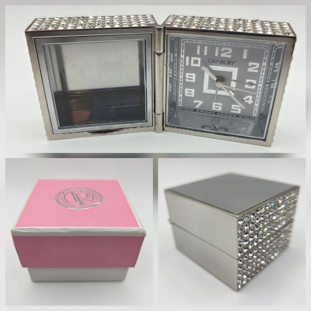 Things Remembered Danbury Folding Travel Clock & Frame Silver Tone Crystal Case