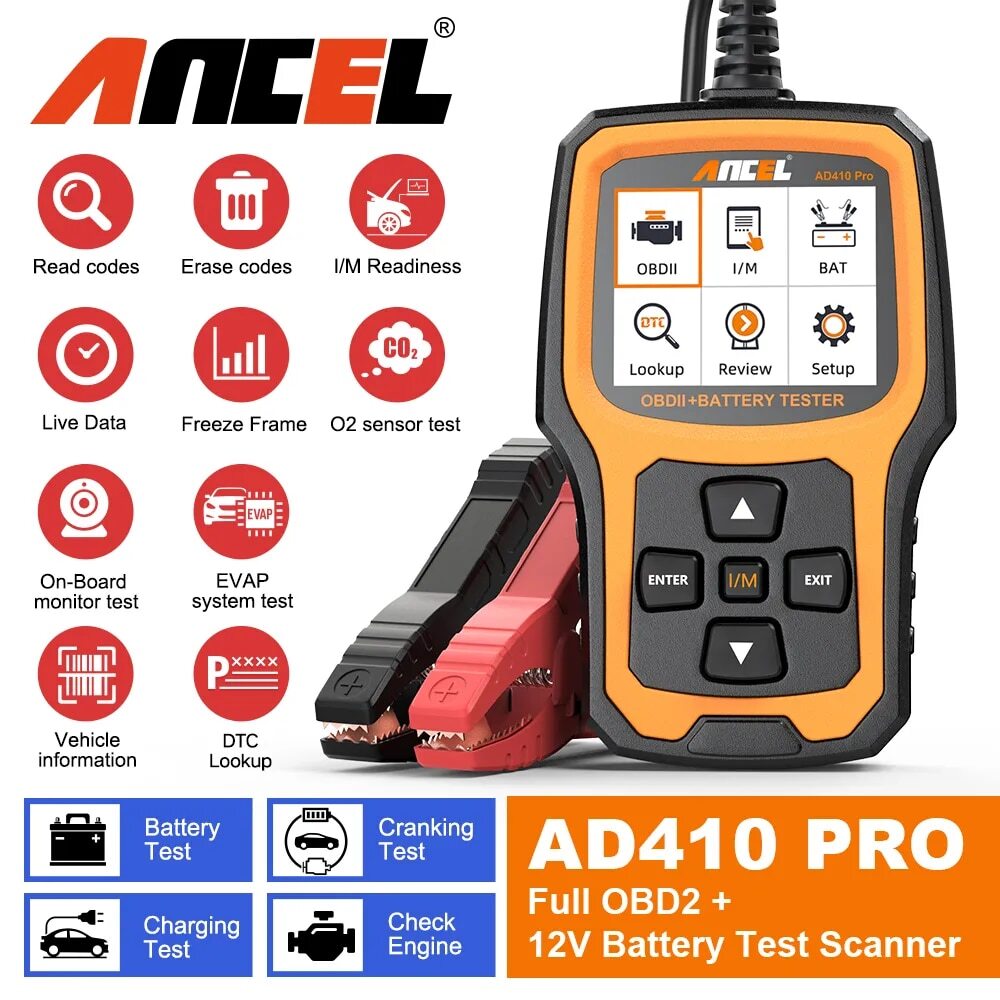 ANCEL AD410 PRO OBD2 Scanner Battery Test Check Engine Light Diagnostic Tool