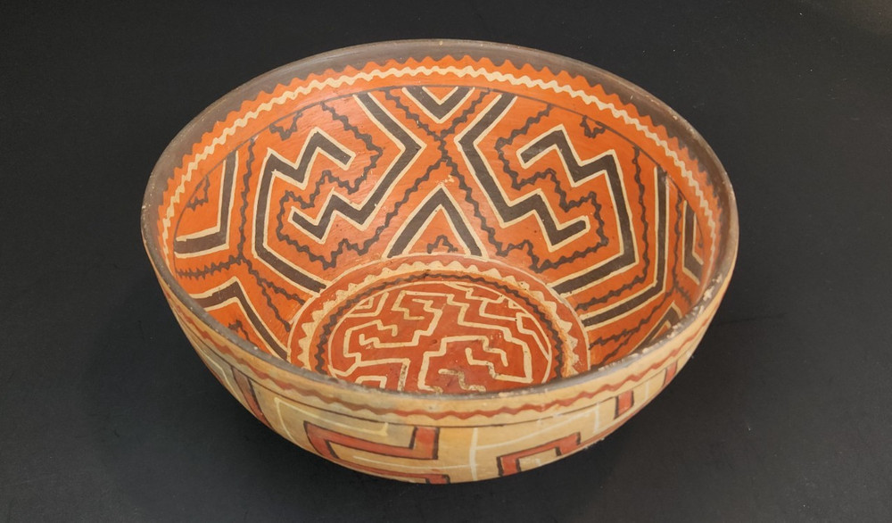 Vintage Peru Shipibo-Conibo Polychrome Earthenware Pottery Rattle Bowl 9.5"