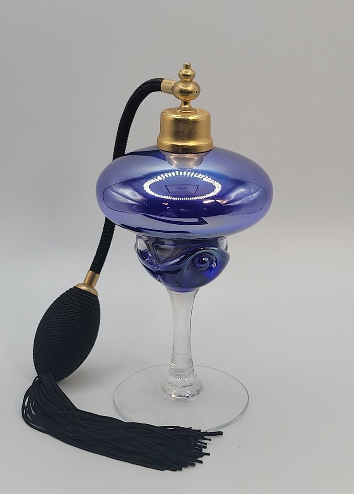Handblown Iridescent Blue Glass Footed Perfume Atomizer • Refillable • 7"H