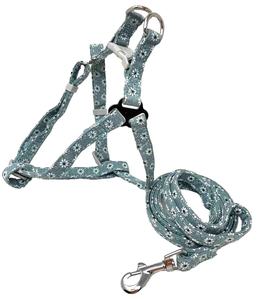 Dog Strap Harness with Leash  Step In Blue Daisy Flower  S  M