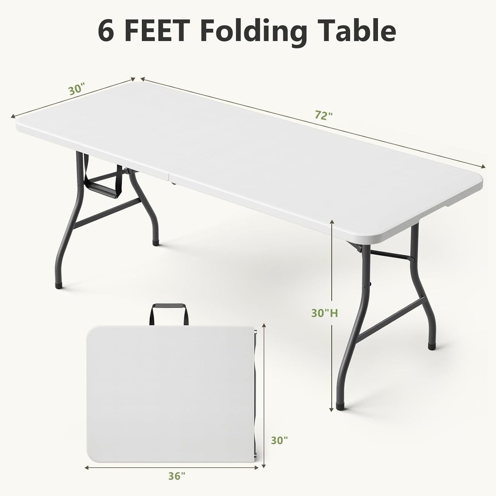 Folding Table, 6 FT Foldable Plastic Table with Carrying Handle