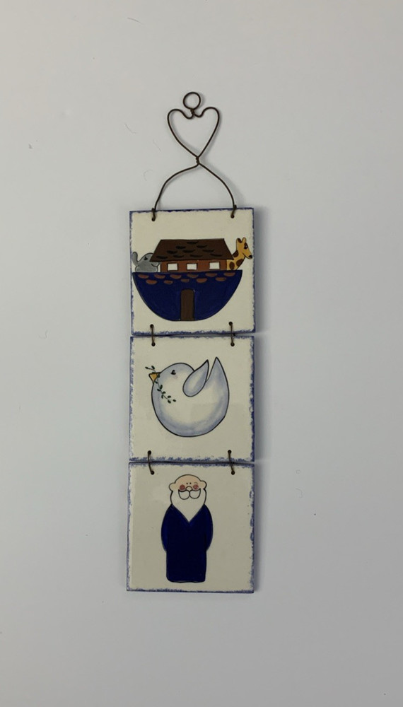 Wall Hanging Handmade Ceramic Tile & Wire Noah’s Ark Theme 17" x 4" EUC