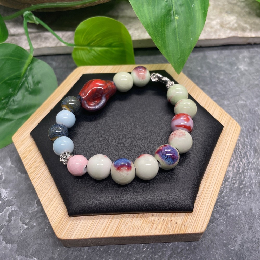 Handmade Ceramic Bead Beaded Stackable 6.25” Plus Stretch Bracelet New B528