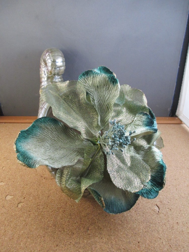 Green Ceramic Cornucopia Thanksgiving Table Decor & Silk Flower