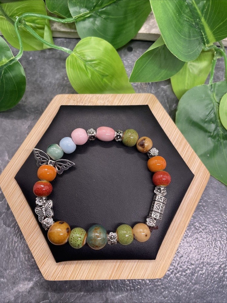 Handmade Ceramic Bead Beaded Stackable 6.25” Plus Stretch Bracelet New B204