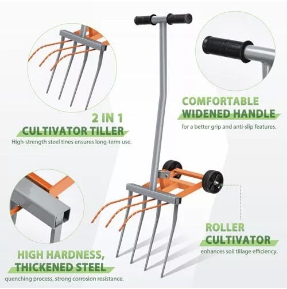Broadfork Tool, 7-Tines Manual Cultivator Tiller Broad Fork for Digging