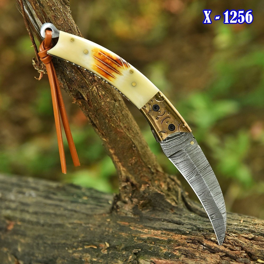 Damascus Folding Karambit Blade Pocket Knife Tactical- Original BurnBone Handle