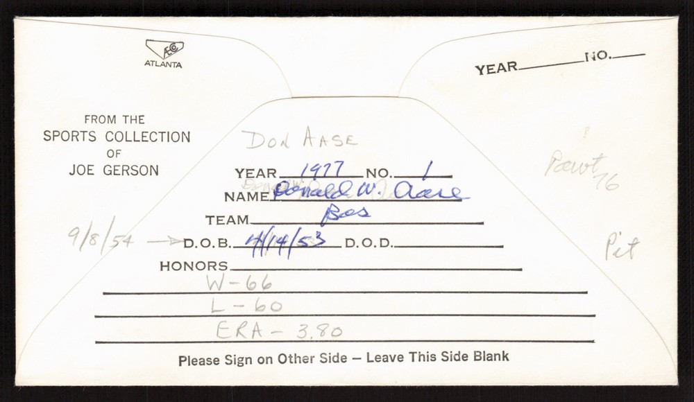 Don Aase Signed Baseball Postal Envelope Boston Red Sox Auto
