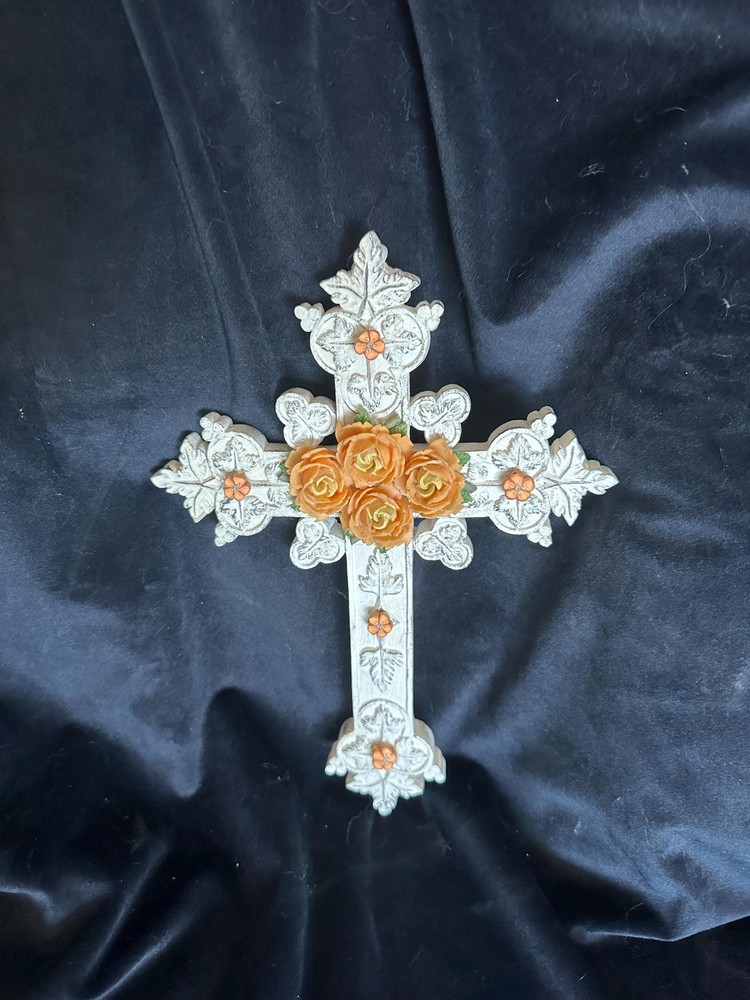 White Ceramic Cross - Golden Roses