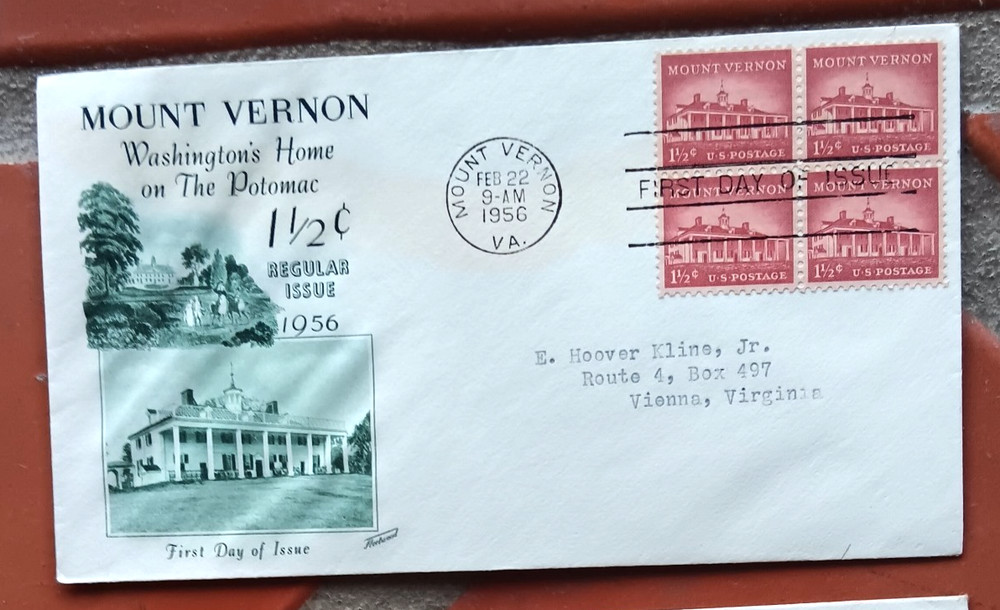 GEORGE WASHINGTON HOME MOUNT VERNON 1956 FLEETWOOD CACHET FDC
